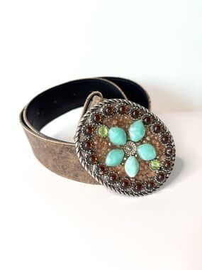 Turquoise Flower Western Belt with Decorative Concho Center Gemstone Surround